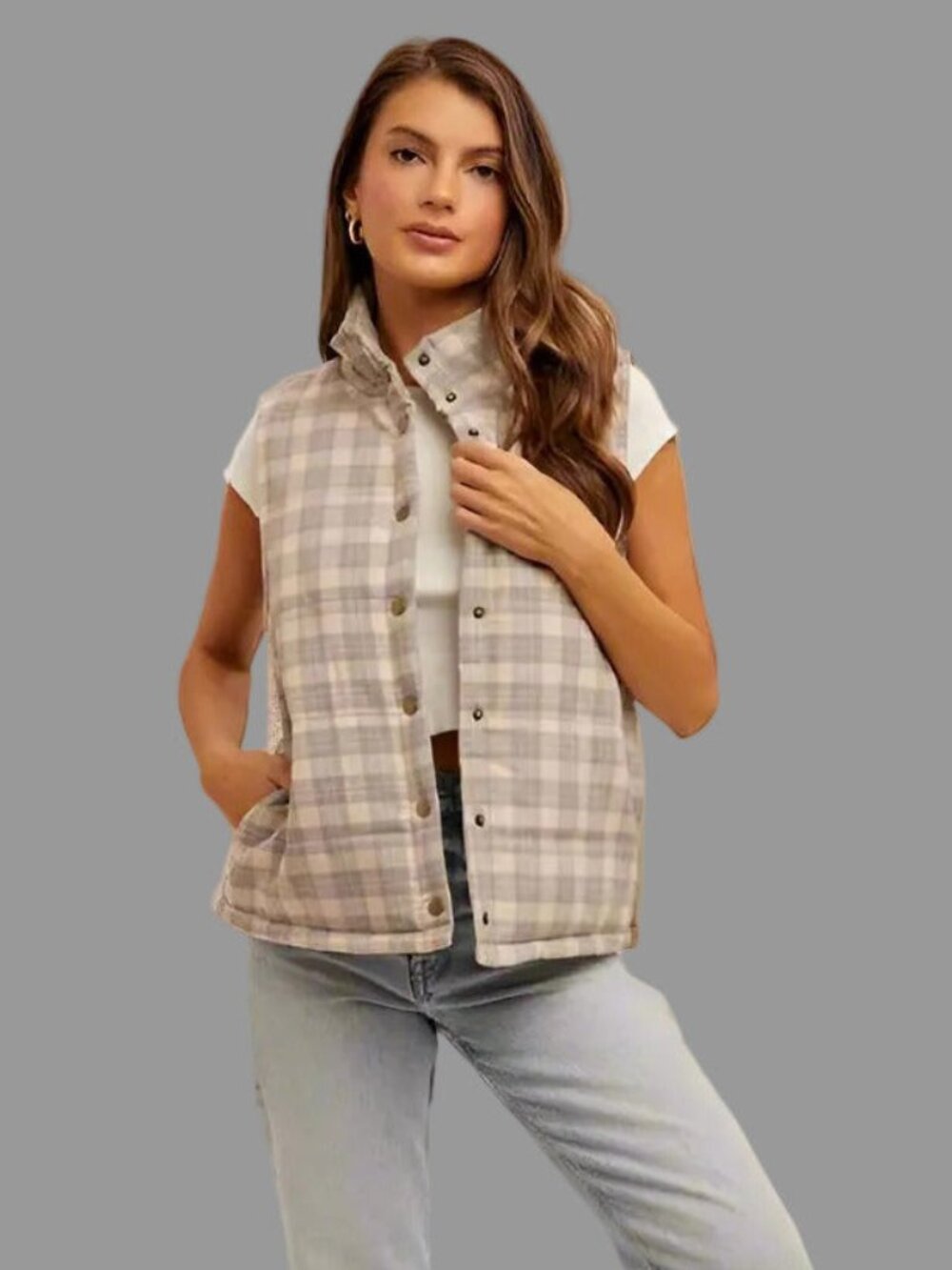 Plaid Quilted Puffer Vest Beige Taupe Button Front